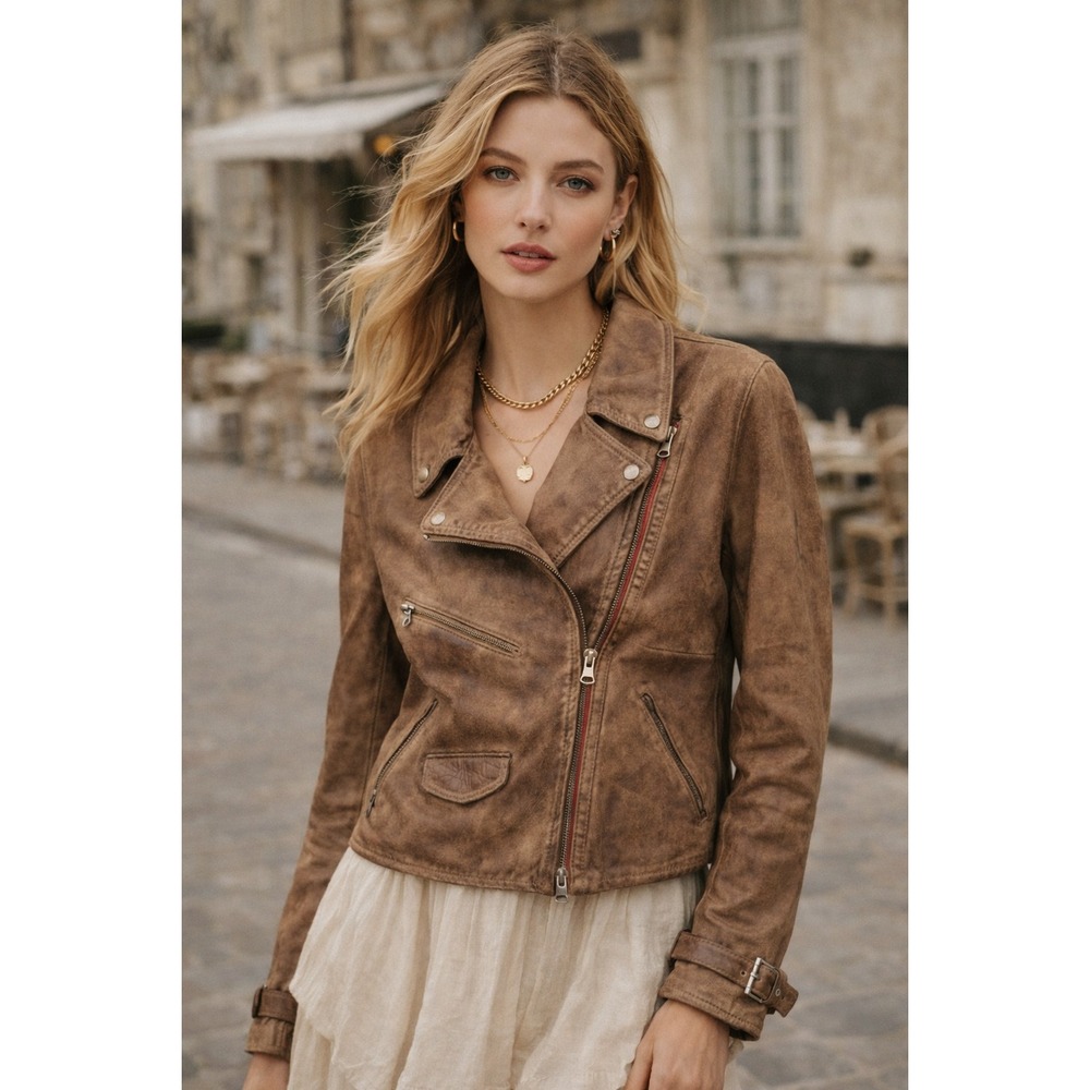 BLUR Moto Jacket Brown Real Distressed Look Leather M Made Italy Asymmetric Zip